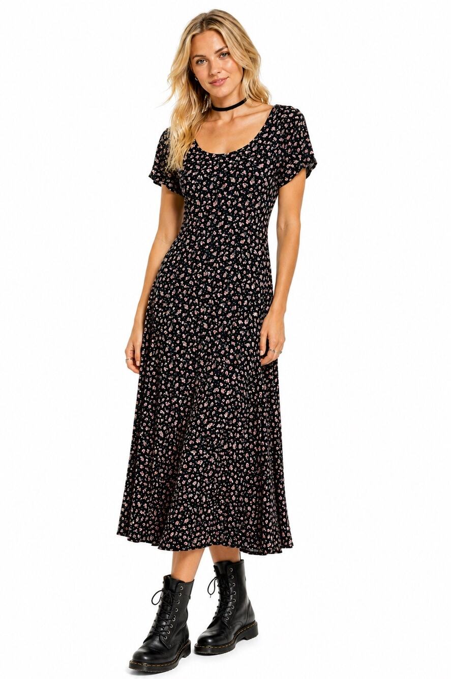 Vintage ‘90s All That Jazz Black Floral Print Scoop Neck Short Sleeve Maxi Dress